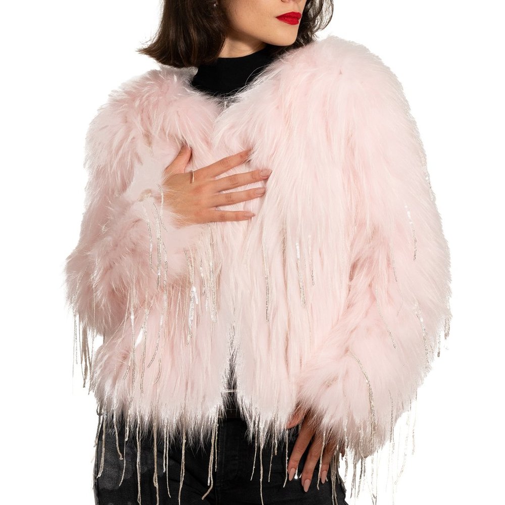 Pink Rabbit Fur Coat With Sequins